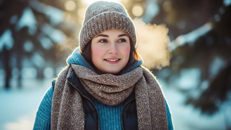 Portrait of a beautiful young woman in a knitted hat and scarf in the winter forest.の素材