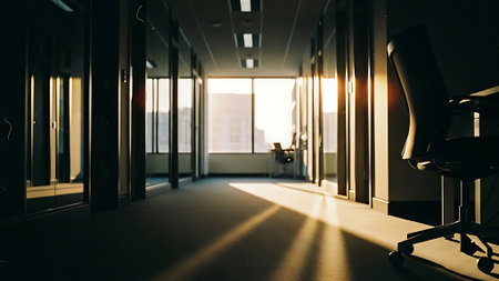 Empty office corridor with sun shining through the window. Nobody inside.の素材