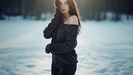 Beautiful young woman in the winter forest. Beauty, fashion.の素材
