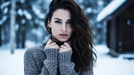 Beautiful brunette girl in a winter forest. Winter fashion.の素材