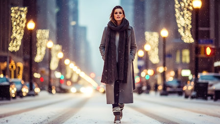 Beautiful young woman walking in the city at night. Winter fashion.の素材