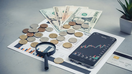 Investment concept. Smartphone with financial charts and coins on tableの素材