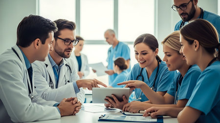 group of doctors with tablet pc at hospital or medical clinic discussing somethingの素材