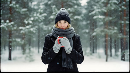 Young woman in the winter forest. She is holding a cup of hot drinkの素材