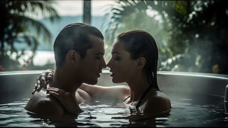 Young couple relaxing in a hot tub, looking at each other.の素材