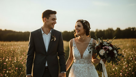 Bride and groom at wedding Day walking Outdoors on spring nature. Bridal couple, Happy Newlywed woman and man embracing in green field. Loving wedding couple outdoor.の素材