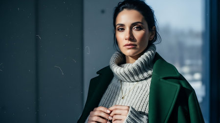 Elegant Woman in Winter Coat Standing by Window in Natural Lightの素材