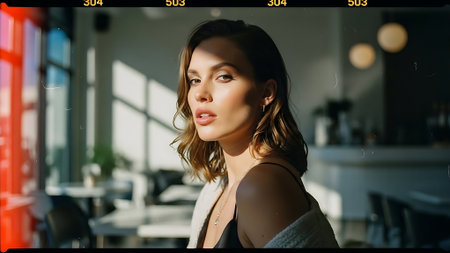portrait of beautiful young woman looking at camera while standing in cafeの素材