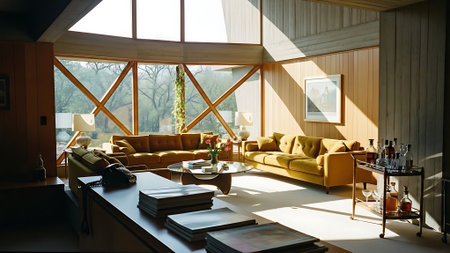 Interior of a modern living room with a view of the gardenの素材