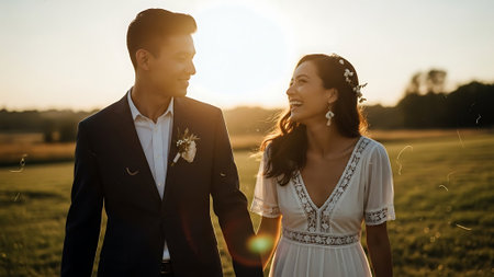 Beautiful bride and groom in the field at sunset. Wedding coupleの素材