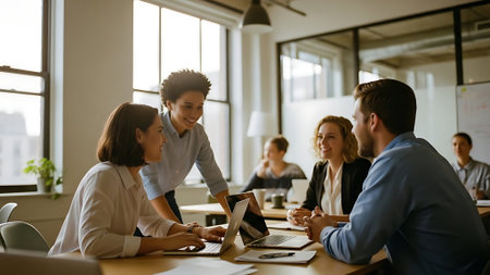 Group of young business people in smart casual wear working together in the officeの素材