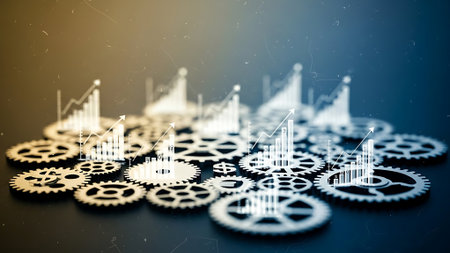 Business graph and gear wheels on blue background. 3D rendering.の素材