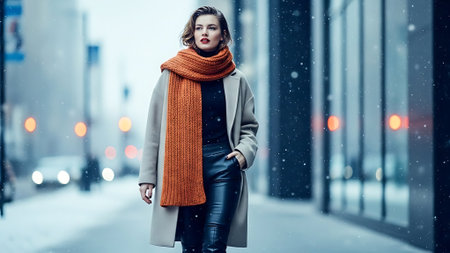Fashionable young woman in a winter coat and scarf in the city.の素材