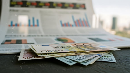 Euro banknotes and graphs on the table, business concept, selective focusの素材
