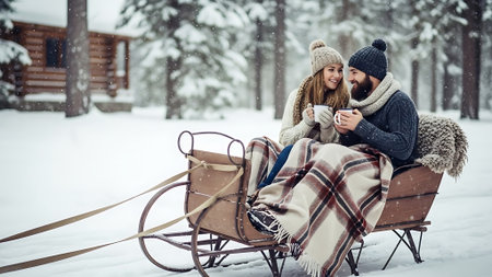 Young couple in love sitting in a sleigh and drinking coffee in winter forestの素材