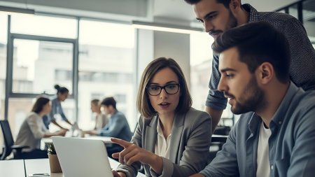 Group of young business people working and communicating together in modern office.の素材