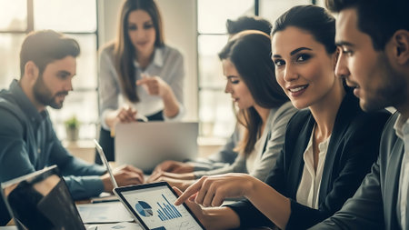 Beautiful businesswoman is using a digital tablet and smiling while working in officeの素材