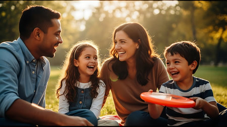 Happy family having picnic in the park. Mother, father and children having fun outdoors.の素材