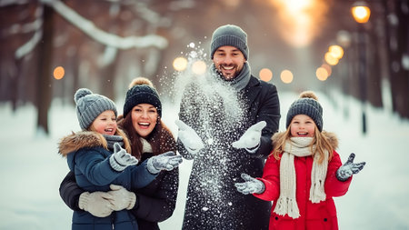 family, childhood, season and people concept - happy family throwing snow outdoorsの素材