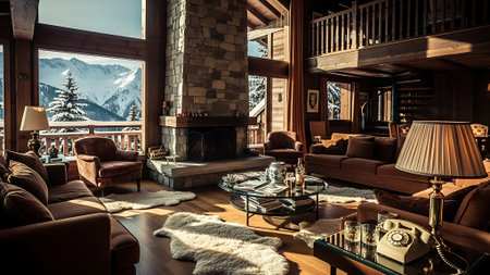 Luxury living room with mountain view and fireplace. Vintage style.の素材