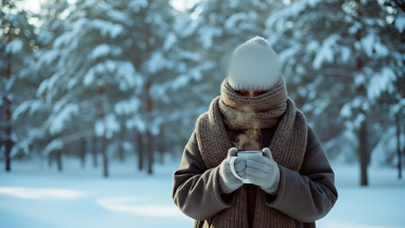 Woman with cup of hot drink in winter forest. Woman in warm coat, scarf and hat.の素材