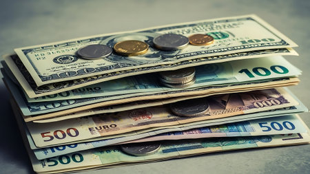 Stack of dollar and euro banknotes with filter effect retro vintage styleの素材