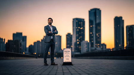Businessman standing on a bridge with his arms crossed and looking at the cameraの素材