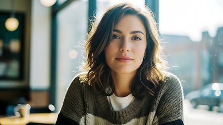 portrait of beautiful young woman in sweater looking at camera in cafeの素材