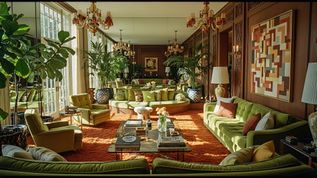 interior of a luxury hotel room with green sofas and coffeeshopの素材