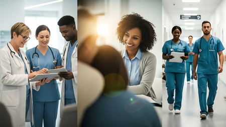 collage of smiling african american nurse using digital tablet in hospitalの素材