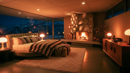 Interior of a modern bedroom with a beautiful view on the mountainsの素材