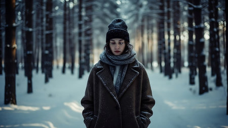 Portrait of a young woman in a winter forest. A girl in a coat walks through the winter forest.の素材