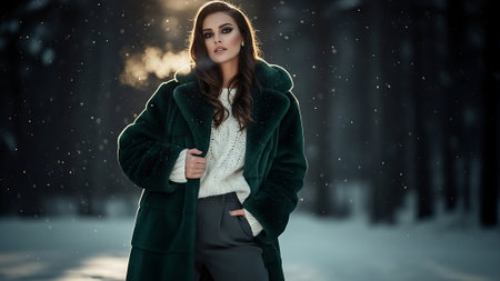 Winter fashion. Beautiful young woman in a green coat posing in the winter park.の素材