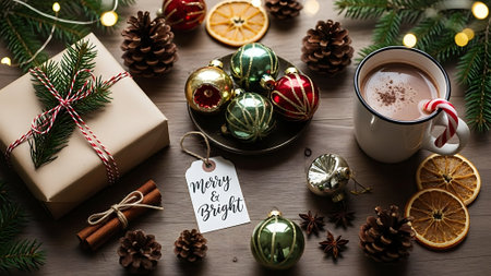Christmas and New Year background. Christmas tree branches, gift boxes, cup of hot cocoa with marshmallow on wooden table.の素材