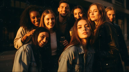 low angle view of smiling multicultural friends looking at camera on city streetの素材