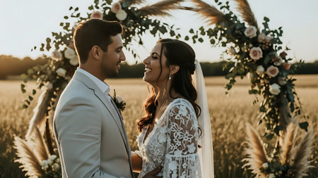 Beautiful bride and groom in a wheat field at sunset. Bride and groomの素材