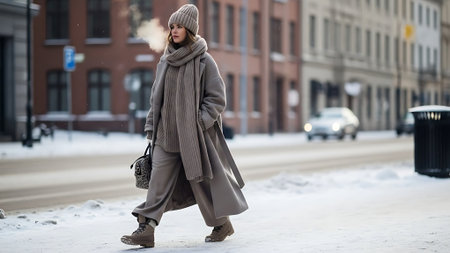 Young beautiful woman in a gray coat walking on the street in winterの素材