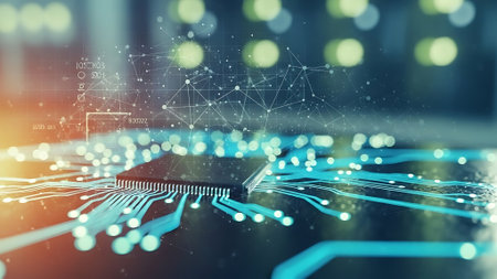 Close up of circuit board with glowing connections on blurry background 3D renderingの素材