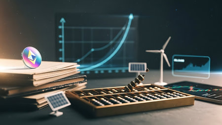 Solar panels, calculator and abacus on the table. 3D renderingの素材