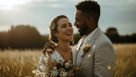 Beautiful couple in a wheat field at sunset. Bride and groom.の素材