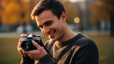 Photo of a handsome young man outdoors in the park using a camera.の素材