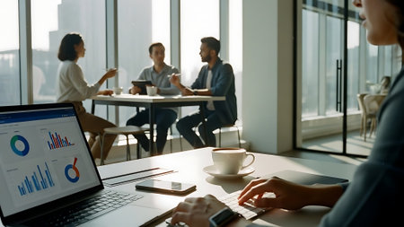 Businesswoman using laptop in modern office with colleagues working in the backgroundの素材