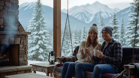 Young couple sitting on the porch of a country house in the mountains and drinking coffee.の素材