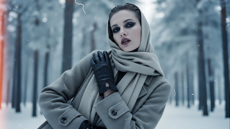 Fashion shot of a beautiful woman in a winter snowy park.の素材