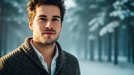 Portrait of a handsome young man in winter park. Men's beauty, fashion.の素材