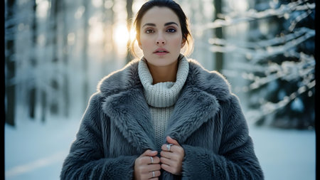 Portrait of a beautiful young woman in a fur coat on the background of a winter forestの素材