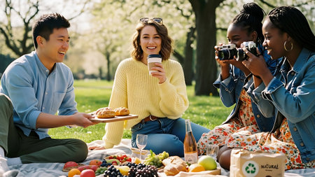 Group of multiethnic friends having picnic in park, eating croissants and drinking coffeeの素材