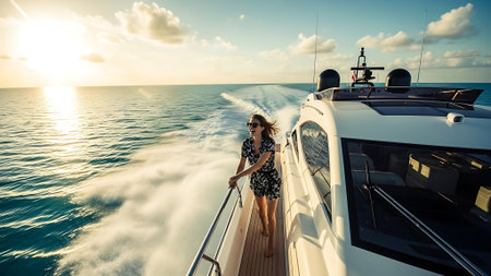 Beautiful young woman sailing on a luxury yacht in the sea at sunsetの素材