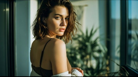 Portrait of beautiful young woman with makeup in fashion black lingerieの素材