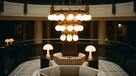 Luxury interior of a hotel lobby with a round coffee table.の素材
